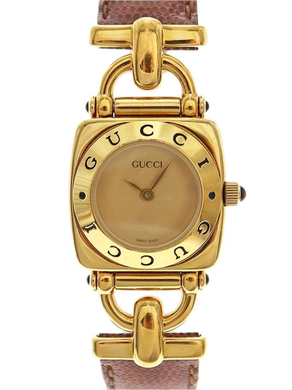 Vintage Gucci Gold-Tone Women's Wristwatch with Brown Leather Strap